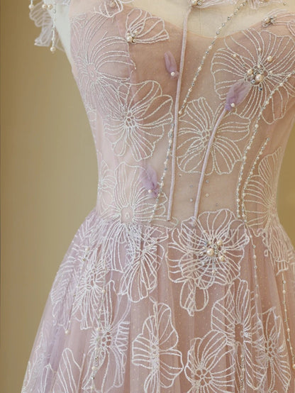 Robe de bal élégante en dentelle rose et tulle, robe de soirée charmante, robe d'invitée de mariage tendance AB1017
