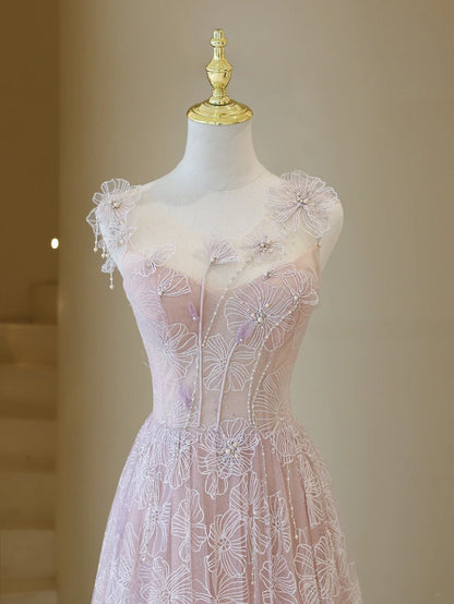 Robe de bal élégante en dentelle rose et tulle, robe de soirée charmante, robe d'invitée de mariage tendance AB1017