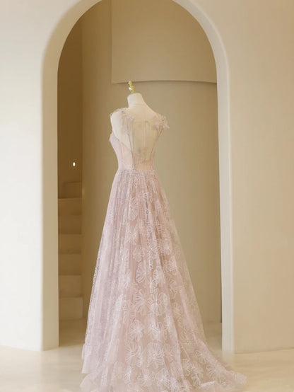 Robe de bal élégante en dentelle rose et tulle, robe de soirée charmante, robe d'invitée de mariage tendance AB1017