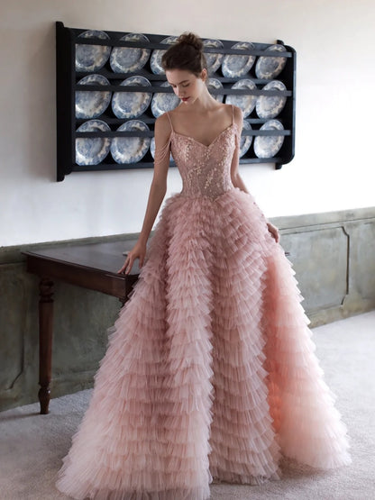 Robe de bal charmante à fines bretelles en tulle rose poudré, longue robe de soirée, inspiration robe de bal formelle N201