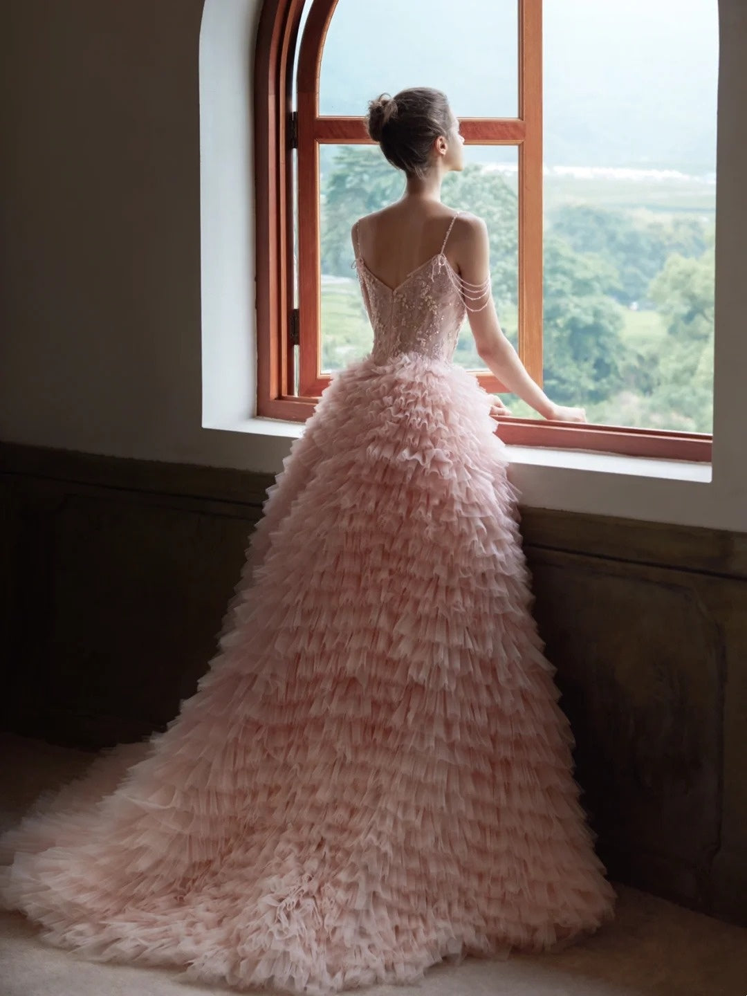 Robe de bal charmante à fines bretelles en tulle rose poudré, longue robe de soirée, inspiration robe de bal formelle N201