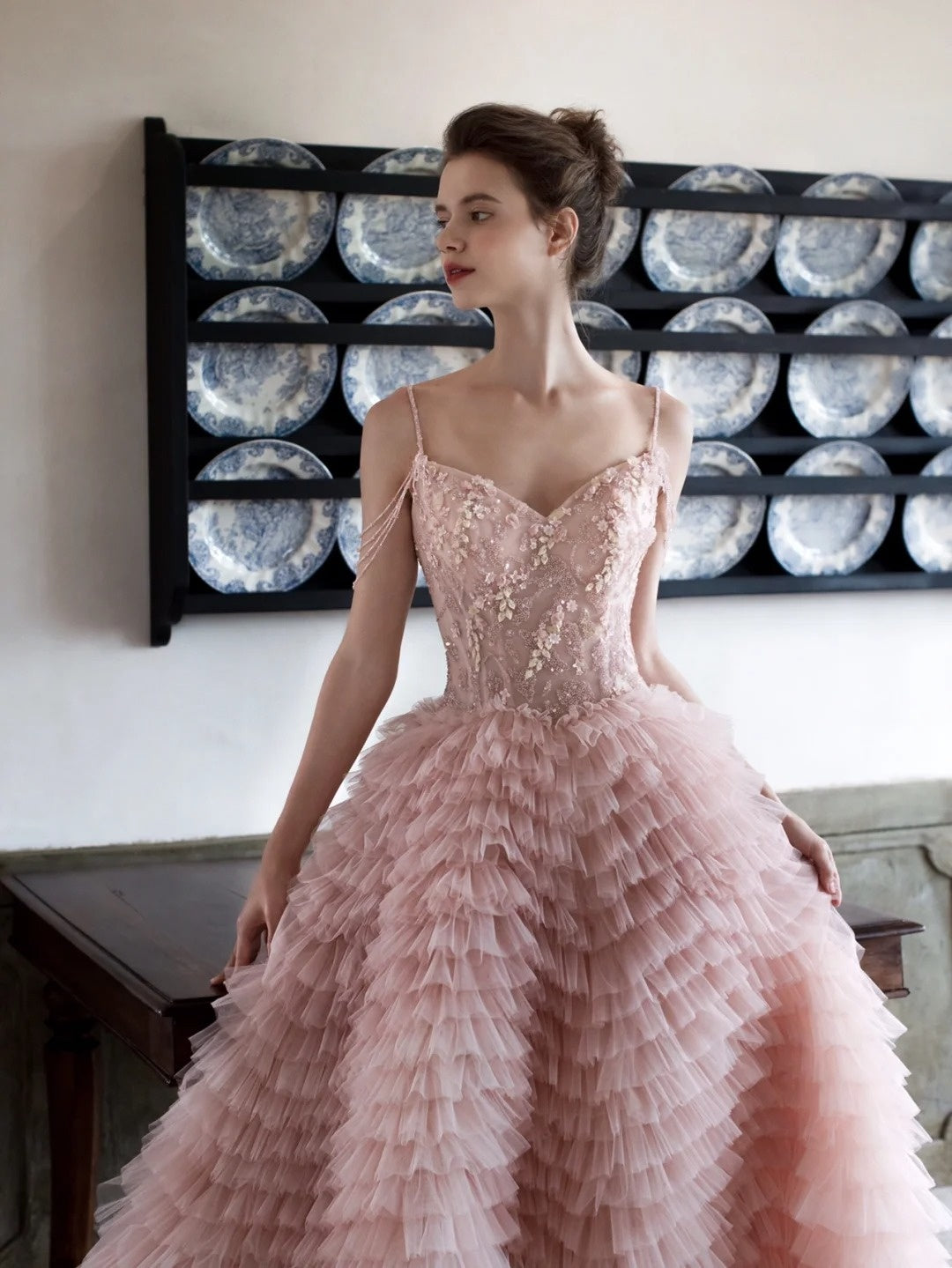 Robe de bal charmante à fines bretelles en tulle rose poudré, longue robe de soirée, inspiration robe de bal formelle N201