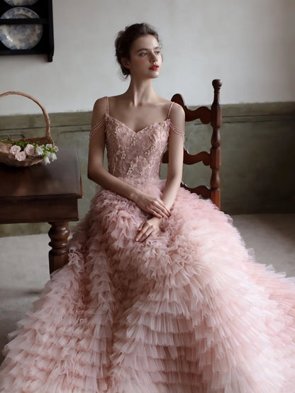 Robe de bal charmante à fines bretelles en tulle rose poudré, longue robe de soirée, inspiration robe de bal formelle N201