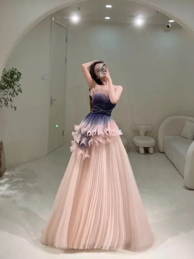 Robe de bal élégante sans bretelles en tulle rose poudré, robe de soirée longue inspirée des robes de bal de fin d'année N202