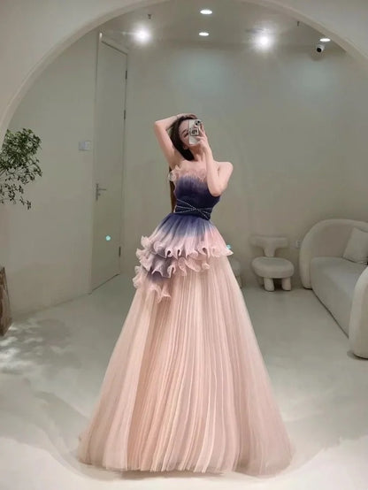Robe de bal élégante sans bretelles en tulle rose poudré, robe de soirée longue inspirée des robes de bal de fin d'année N202