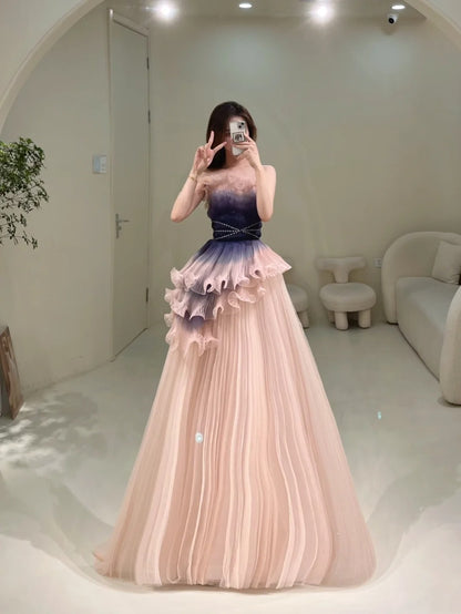 Robe de bal élégante sans bretelles en tulle rose poudré, robe de soirée longue inspirée des robes de bal de fin d'année N202
