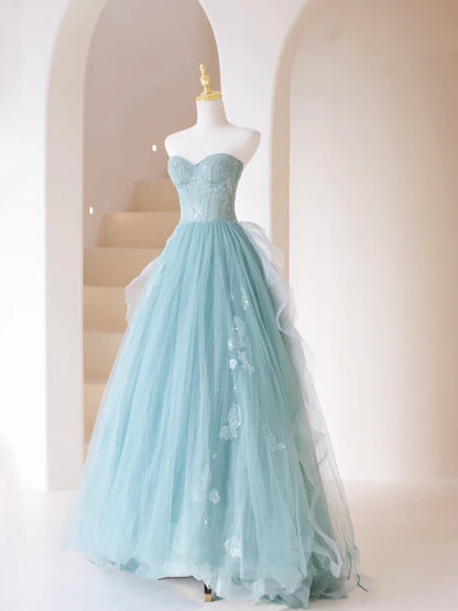 Robe de bal bustier bleu ciel clair en tulle, longue et ravissante, idéale pour un 19e anniversaire. Robe de bal N203