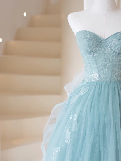 Robe de bal bustier bleu ciel clair en tulle, longue et ravissante, idéale pour un 19e anniversaire. Robe de bal N203