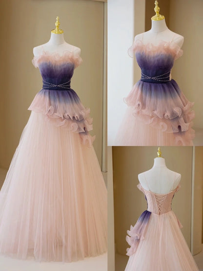 Robe de bal élégante sans bretelles en tulle rose poudré, robe de soirée longue inspirée des robes de bal de fin d'année N202
