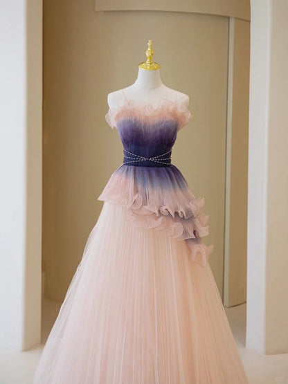 Robe de bal élégante sans bretelles en tulle rose poudré, robe de soirée longue inspirée des robes de bal de fin d'année N202