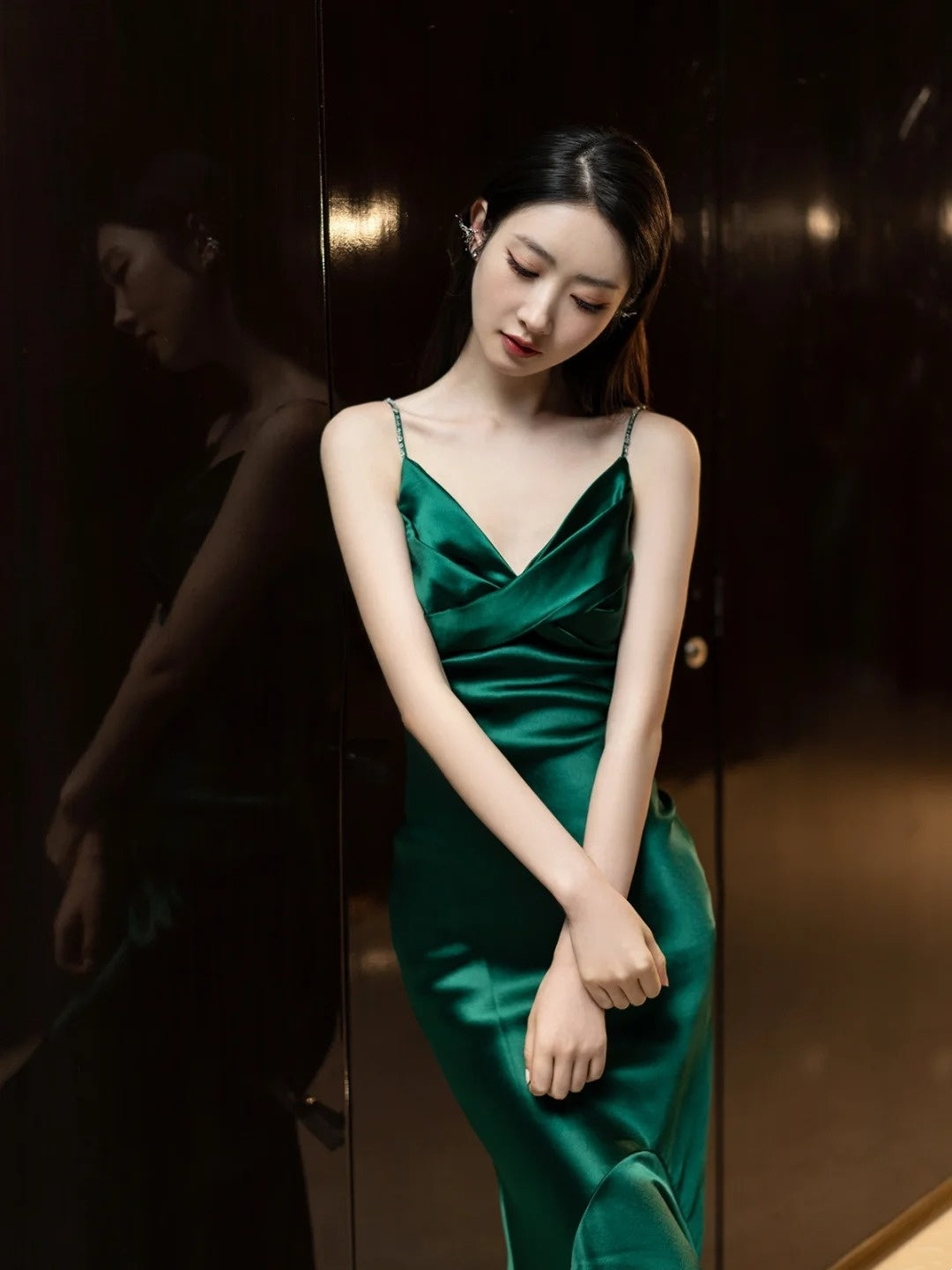 Modest Mermaid Spaghetti Strap Dark Emerald  Green With Backless Satin Long Prom Dresses Inspo Prom Gowns N300