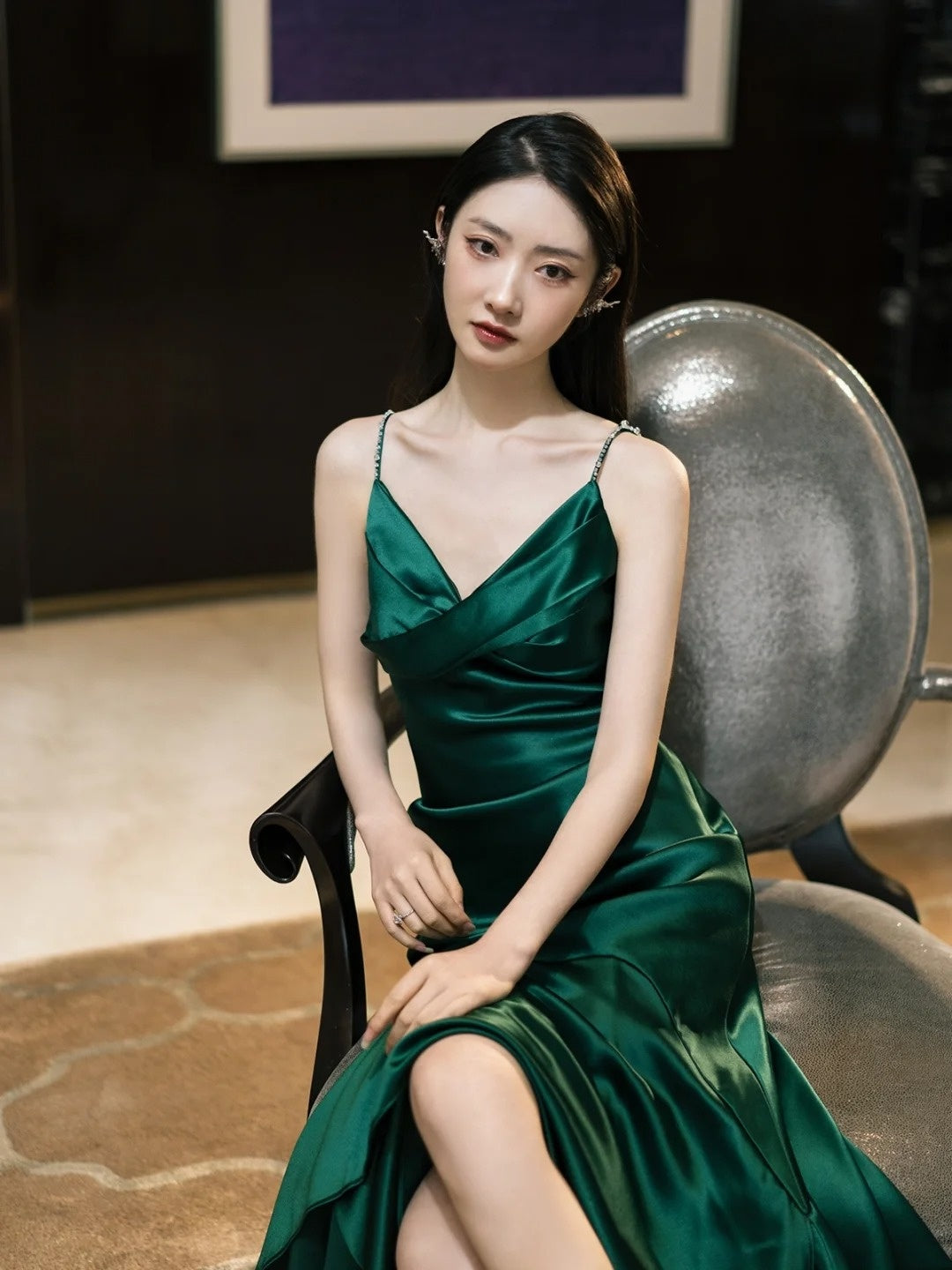 Modest Mermaid Spaghetti Strap Dark Emerald  Green With Backless Satin Long Prom Dresses Inspo Prom Gowns N300