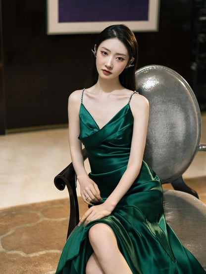 Modest Mermaid Spaghetti Strap Dark Emerald  Green With Backless Satin Long Prom Dresses Inspo Prom Gowns N300