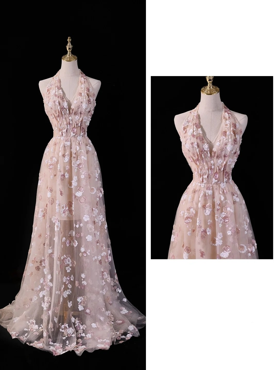 Robe de bal rose poudré en dentelle, coupe trapèze, dos nu, idéale pour les 18 ans et les fêtes (N211)
