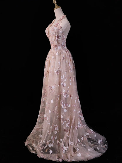 Robe de bal rose poudré en dentelle, coupe trapèze, dos nu, idéale pour les 18 ans et les fêtes (N211)
