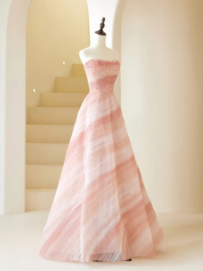 Robe de bal élégante sans bretelles en tulle rose, robe de soirée charmante, robe d'invitée de mariage tendance AB1015