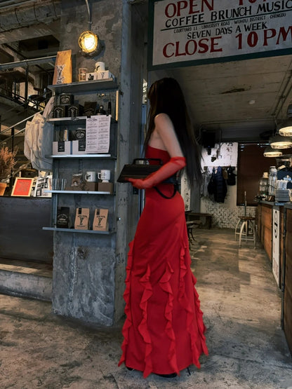 Sexy Mermaid Strapless Red With Gloves Long Prom Dresses Formal Dress Party Birthday Outfits N405