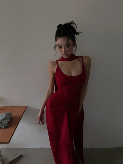 Einzigartiges, langes Meerjungfrauen-Abendkleid in leuchtendem Rot mit Spaghettiträgern und Schal – Inspiration für formelle Abendkleider (Modell N463)