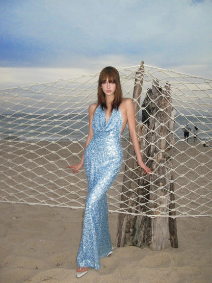 Robe de bal longue bleu clair à paillettes, dos nu et décolleté sirène, inspiration pour un 18e anniversaire, robe de soirée formelle N468