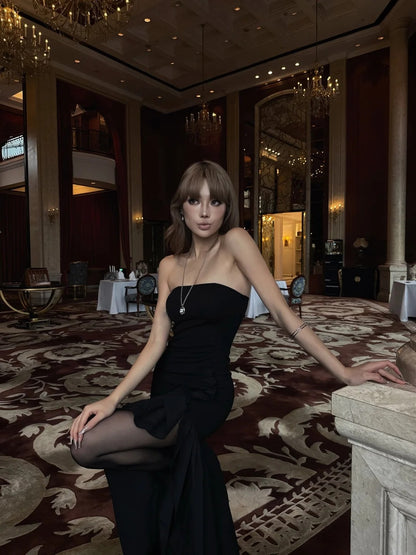 Robe de bal sirène bustier unique en satin noir à volants, longue robe de soirée d'anniversaire, N474