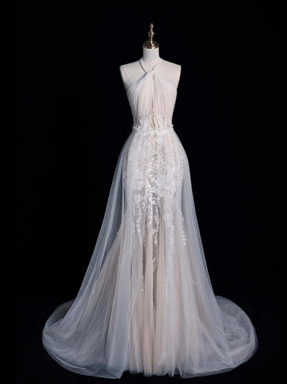Robe de mariée sirène classique dos nu en dentelle blanche avec appliques, style vintage, robe de mariée d'été N561