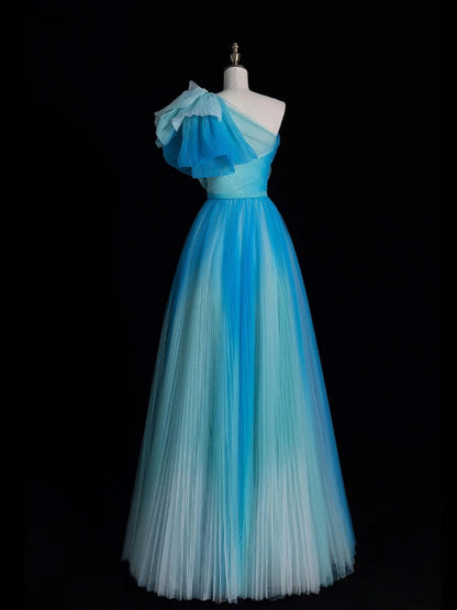 Robe de bal longue plissée en tulle bleu, élégante, coupe trapèze, une épaule dénudée, N562