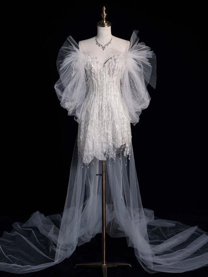 Robe de mariée fourreau classique, bustier, courte, blanche à manches, robe de mariée d'été N508