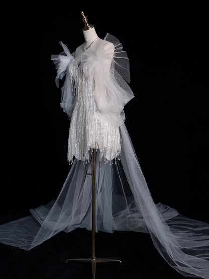 Robe de mariée fourreau classique, bustier, courte, blanche à manches, robe de mariée d'été N508