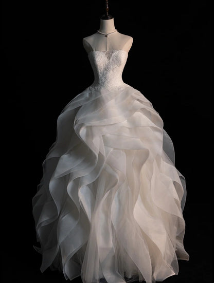 Robe de mariée de rêve, bustier cœur, tulle blanc à volants plissés, style vintage, robe longue N565