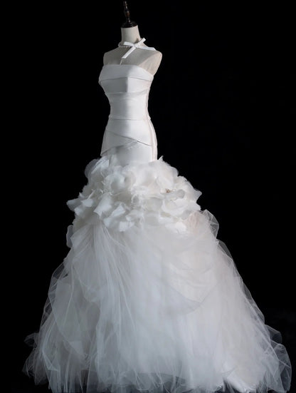 Robe de mariée sirène blanche sans manches plissée, coupe ajustée, modèle N566