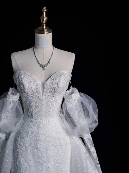 Civil Wedding Dresses Mermaid Sweetheart White With Long Sleeves Lace Brides Dress Fitted Bridal Gowns N567