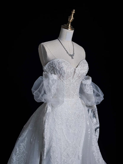 Civil Wedding Dresses Mermaid Sweetheart White With Long Sleeves Lace Brides Dress Fitted Bridal Gowns N567