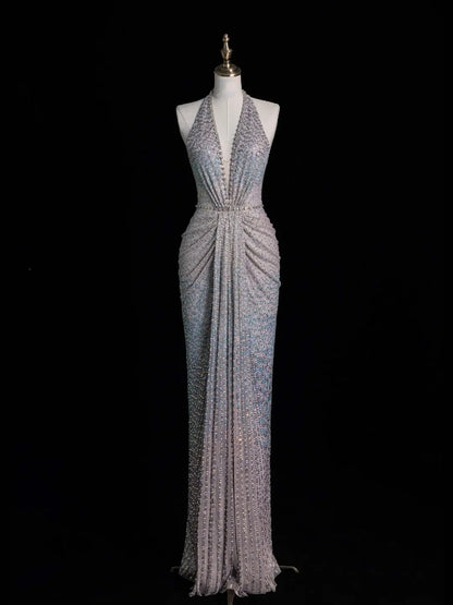 Robe de bal longue sirène élégante à sequins et plissée, dos nu, tenue de soirée formelle N568