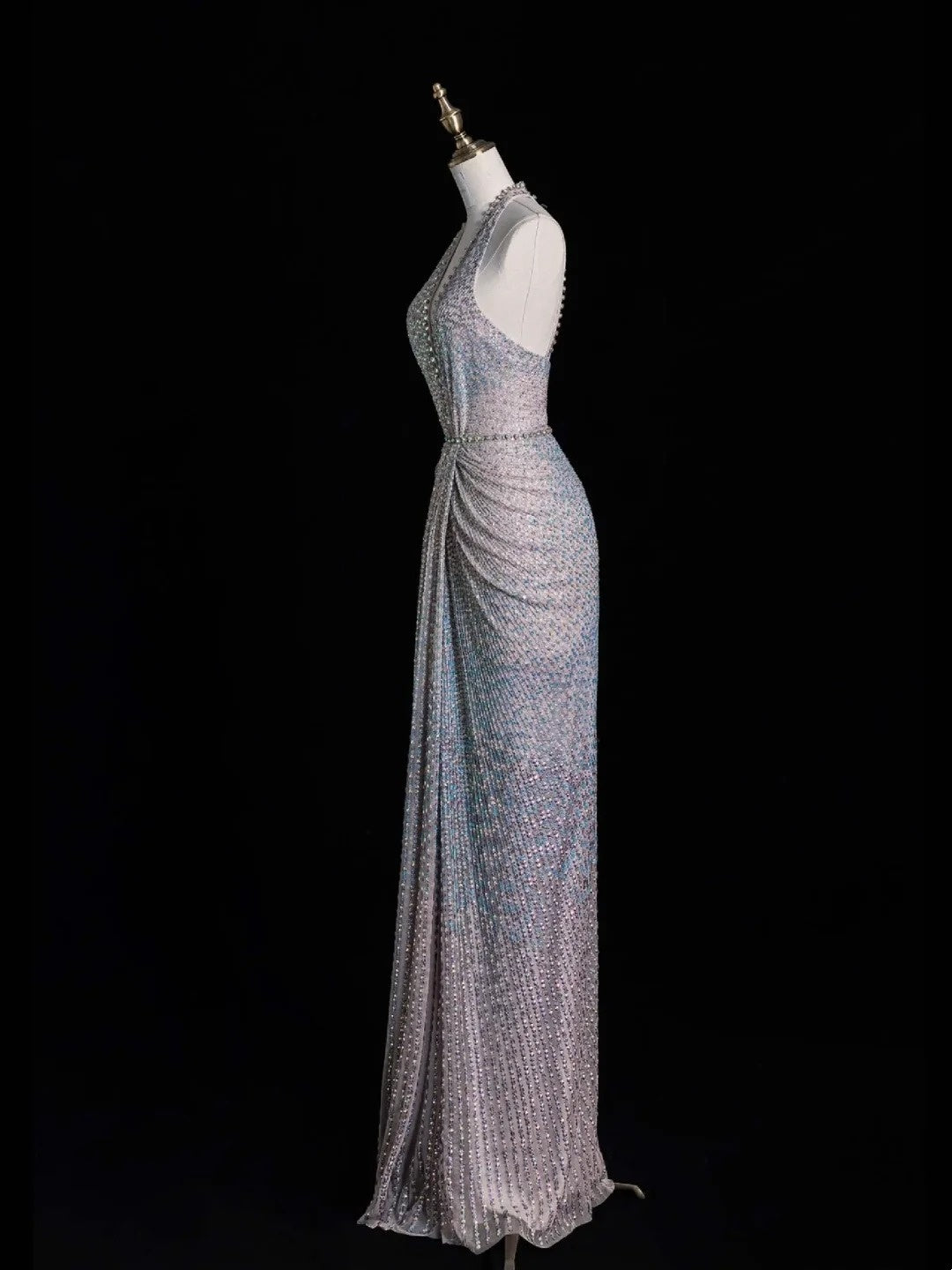 Robe de bal longue sirène élégante à sequins et plissée, dos nu, tenue de soirée formelle N568