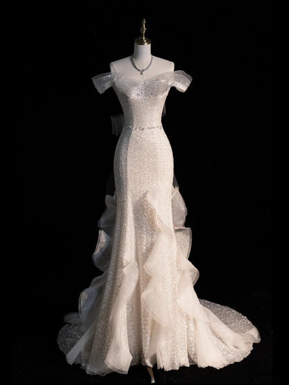 Robe de mariée civile sirène blanche à épaules dénudées et manches courtes, ornée de sequins, coupe ajustée N570