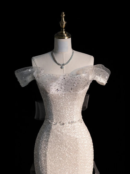 Robe de mariée civile sirène blanche à épaules dénudées et manches courtes, ornée de sequins, coupe ajustée N570