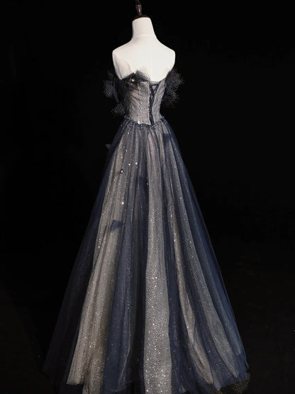 Robe de bal longue plissée en tulle bleu marine, coupe trapèze élégante, décolleté cœur, référence N572
