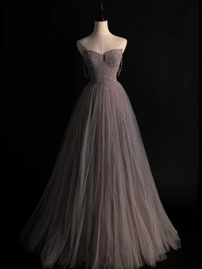 Robe de bal longue en tulle, élégante, coupe trapèze, décolleté cœur orné de perles, tenue de soirée formelle N573