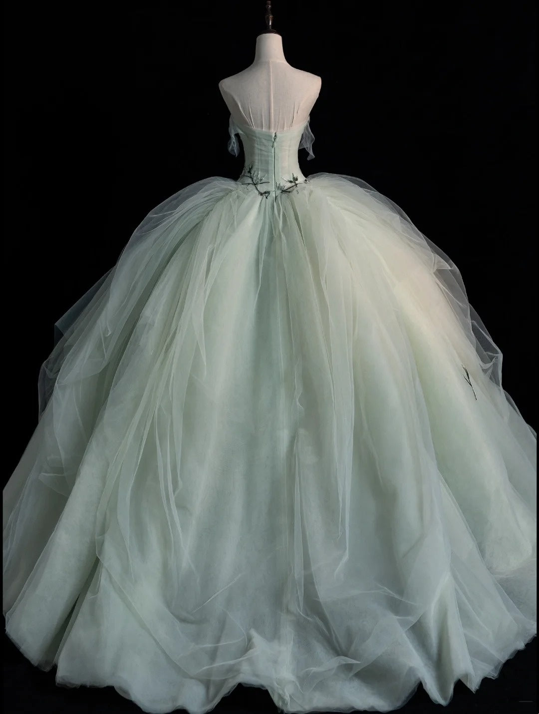 Robe de bal bustier vert menthe sans manches avec cape en tulle appliquée, longue robe de quinceañera, tenue d'anniversaire pour les 15 et 16 ans (N574)