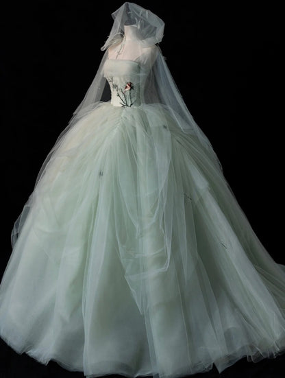 Robe de bal bustier vert menthe sans manches avec cape en tulle appliquée, longue robe de quinceañera, tenue d'anniversaire pour les 15 et 16 ans (N574)