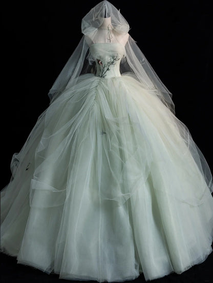 Robe de bal bustier vert menthe sans manches avec cape en tulle appliquée, longue robe de quinceañera, tenue d'anniversaire pour les 15 et 16 ans (N574)