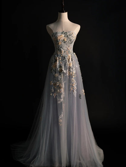 Robe de bal longue grise en tulle à fleurs, bustier, coupe trapèze, modèle N575