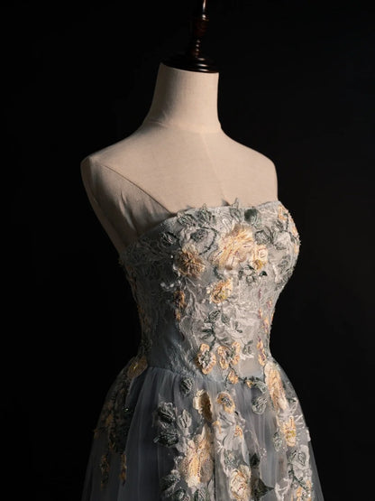 Robe de bal longue grise en tulle à fleurs, bustier, coupe trapèze, modèle N575