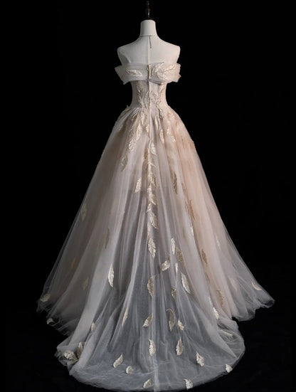 Elegantes, schulterfreies, champagnerfarbenes, appliziertes Tüll-Abendkleid in A-Linie, Modell N576