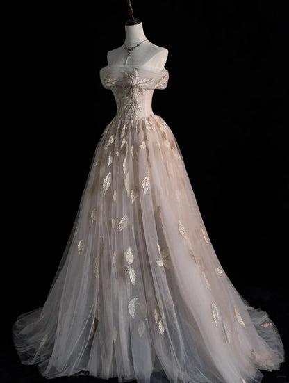 Elegantes, schulterfreies, champagnerfarbenes, appliziertes Tüll-Abendkleid in A-Linie, Modell N576