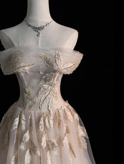 Elegantes, schulterfreies, champagnerfarbenes, appliziertes Tüll-Abendkleid in A-Linie, Modell N576