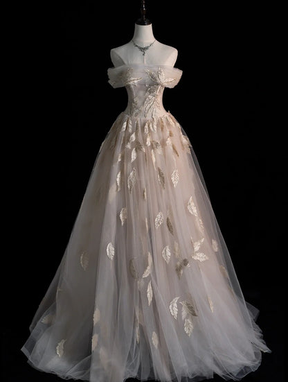 Elegantes, schulterfreies, champagnerfarbenes, appliziertes Tüll-Abendkleid in A-Linie, Modell N576