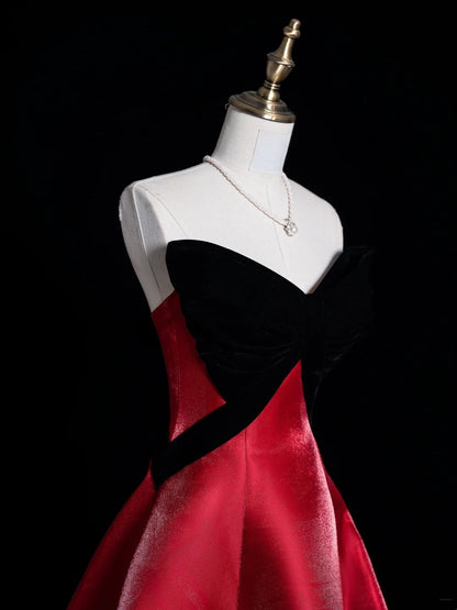 Robe de bal longue N578, coupe trapèze, décolleté cœur, haut en velours noir, jupe rouge