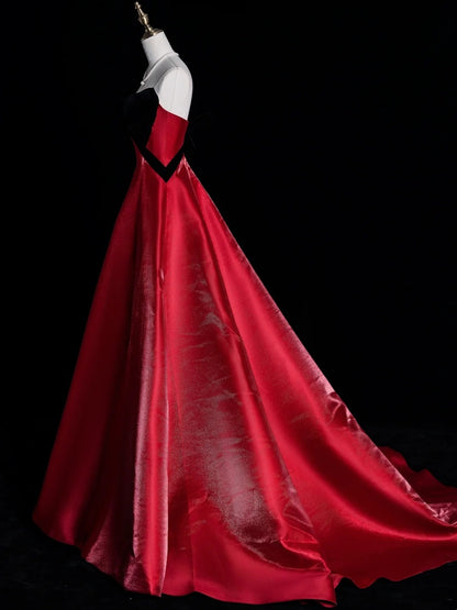 Robe de bal longue N578, coupe trapèze, décolleté cœur, haut en velours noir, jupe rouge