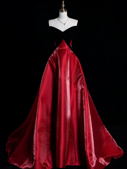Robe de bal longue N578, coupe trapèze, décolleté cœur, haut en velours noir, jupe rouge